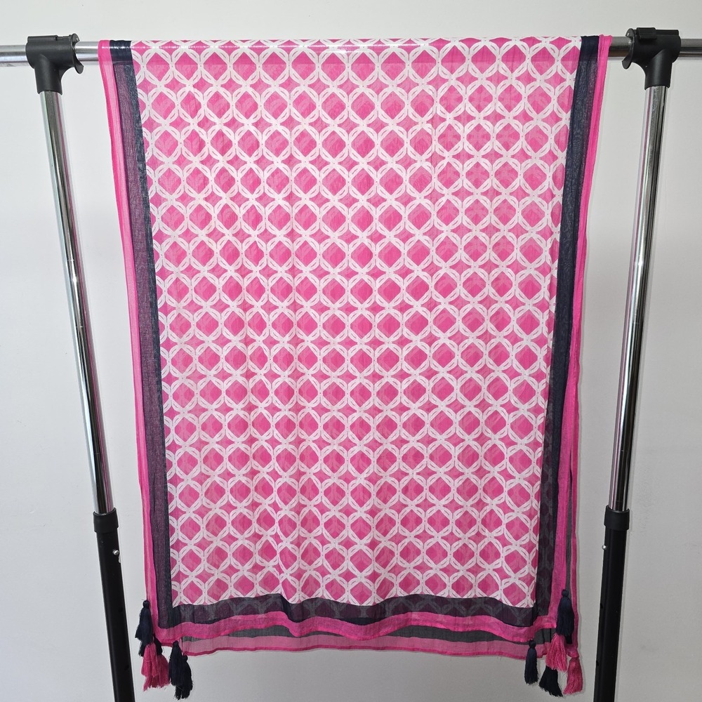 Crown & Ivy Long Pink Mosaic Printed Scarf Tassels Navy Preppy Women Lightweight - Picture 3 of 5
